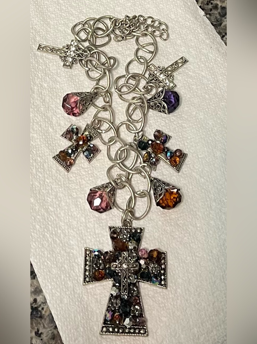 Vintage Premier Designs Style Cross Ststement Necklace Silver multi-crystal bead - Picture 2 of 12